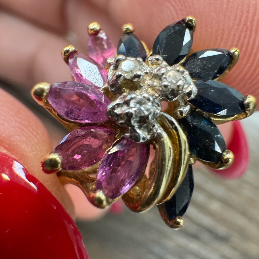 14K Yellow Gold, Pink and Blue Sapphires and Diamonds Ring 4.2g - Picture 4 of 14